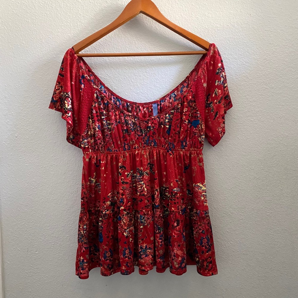 Free People Red Floral Empire Waist Babydoll Top Crochet Trim Boho